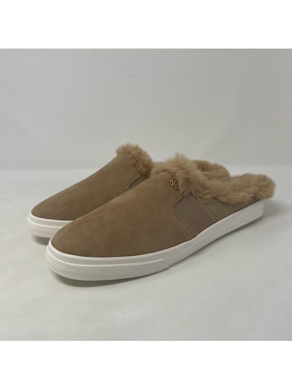 Nib Ralph Lauren Jinny Faux Fur Trim Suede Mule Slippers - Picture 9 of 11
